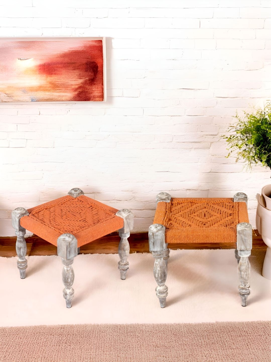 

Ikiriya Riaza Set of 2 Sheesham Wood Vintage Square Maachi Stools with Rope Canning, Orange