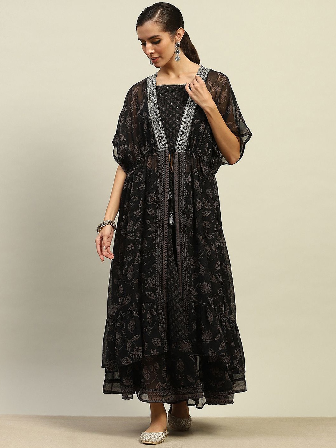 

Rangriti Printed Top & Skirt With Shrug Co-Ords, Black