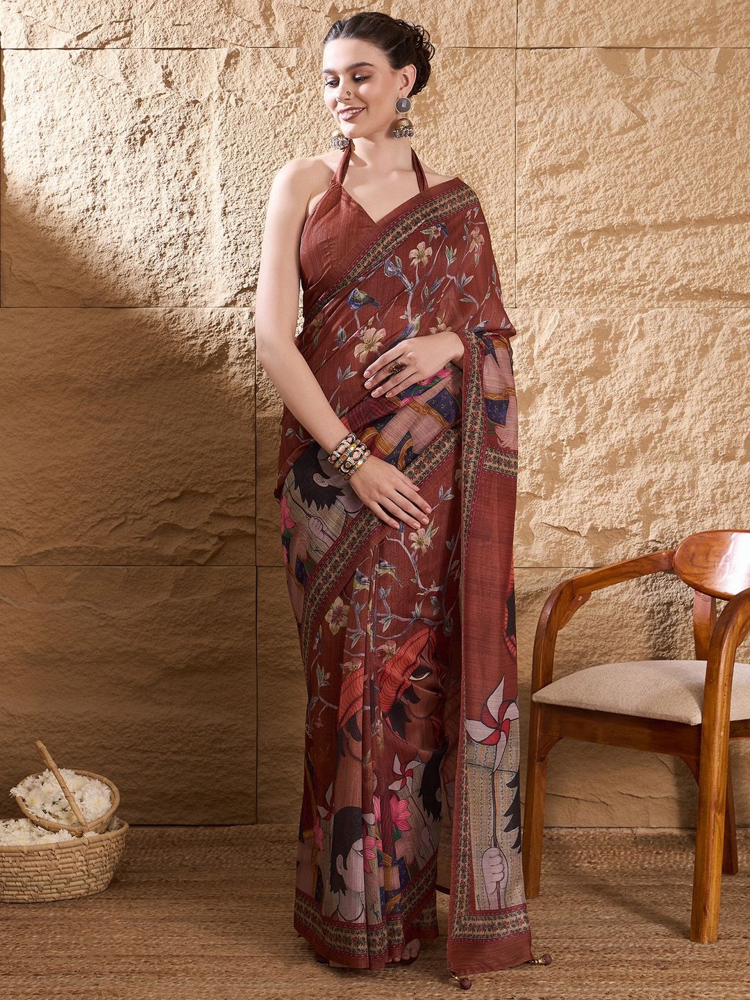 

Saree mall Kalamkari Designer Tussar Sarees, Brown