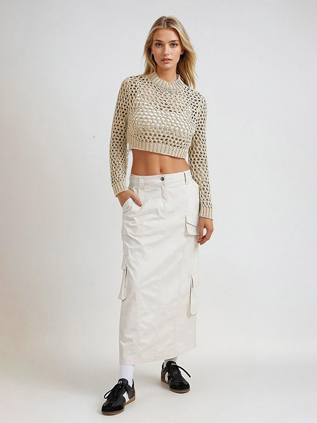 

Stylecast X Kotty Women Round Neck Crop Pullover, Beige
