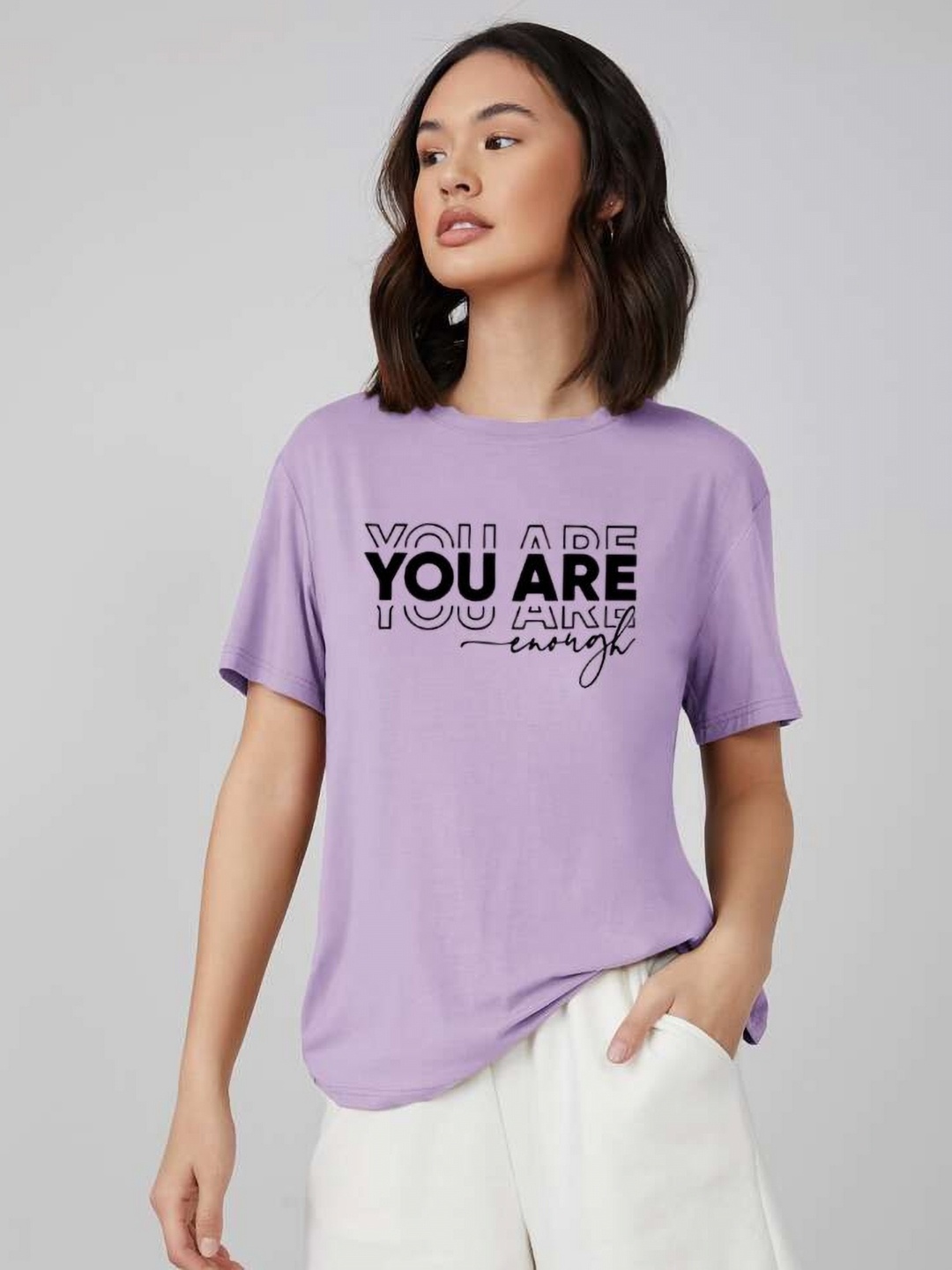 

BOMBAE TEES Women Printed Mandarin Collar Extended Sleeves Bio Finish T-shirt, Lavender