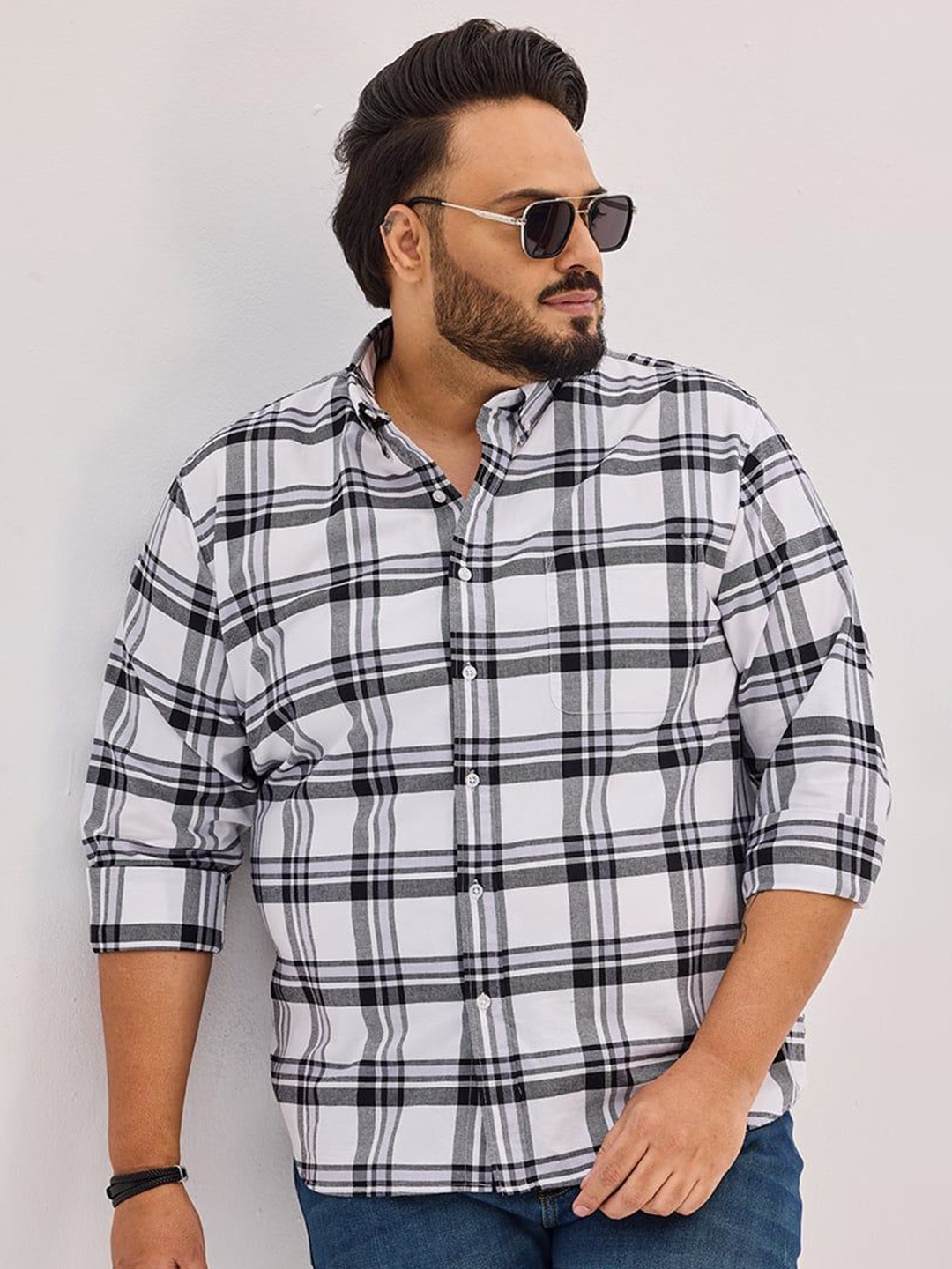 

Snitch Men Plus Size Classic Button-Down Collar Tartan Checked Cotton Casual Shirt, White