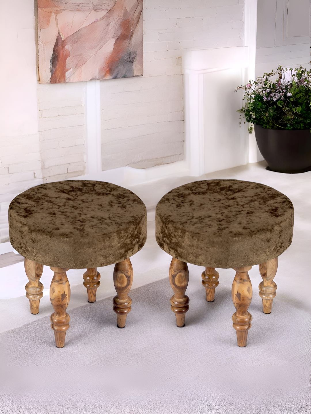 

Ikiriya Set of 2 Brown Wooden Round Stools With Velvet Upholstery, Green