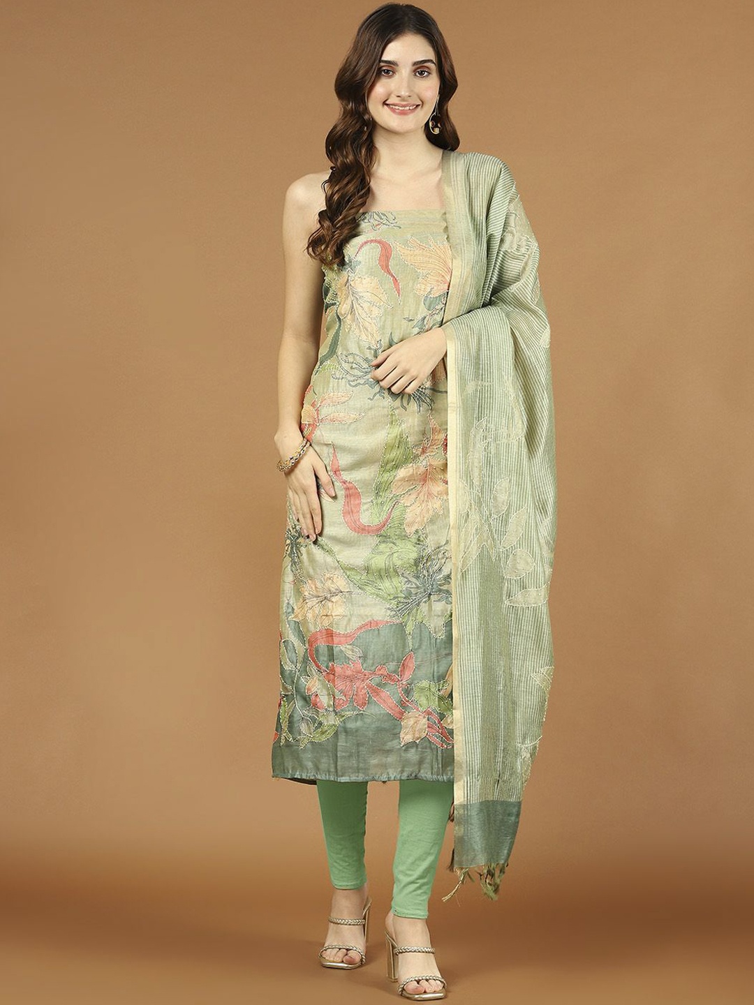 

Meena Bazaar Printed Art Silk Unstitched Dress Material, Green