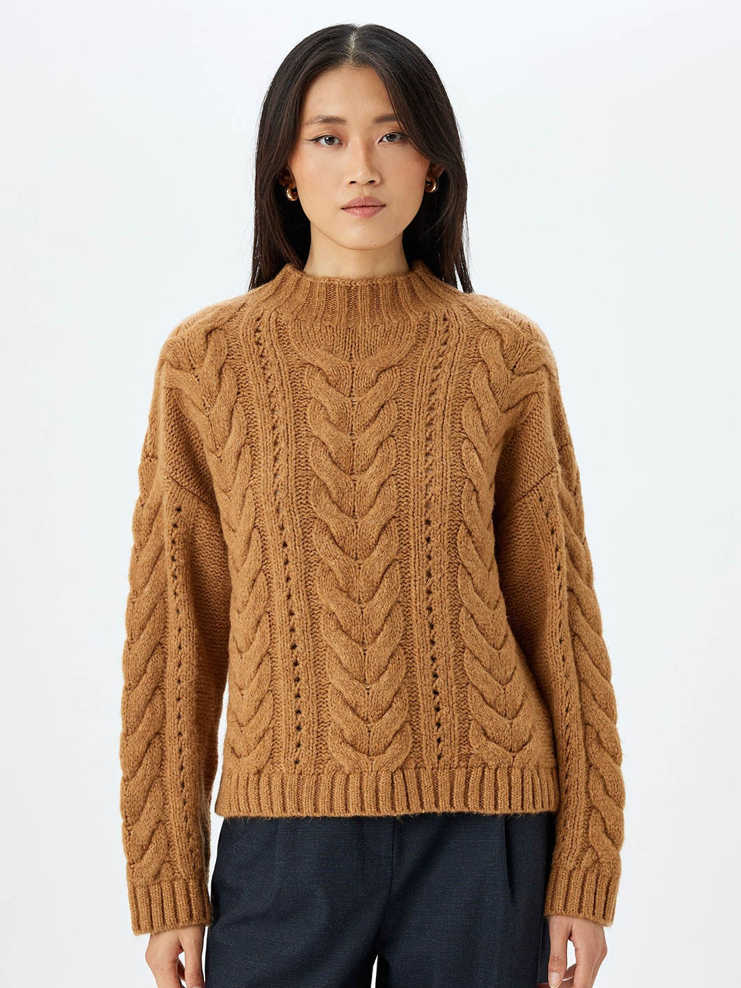 

Koton Women Cable Knit Pullover, Camel brown