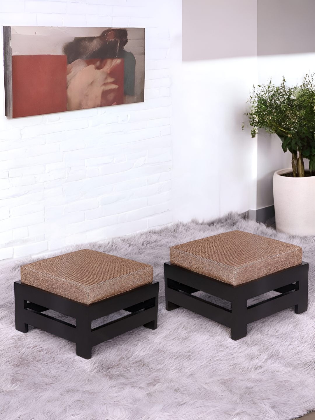 

Ikiriya 2-Pcs Beige & Brown Square Wooden Foot Stools with Jute Cushion