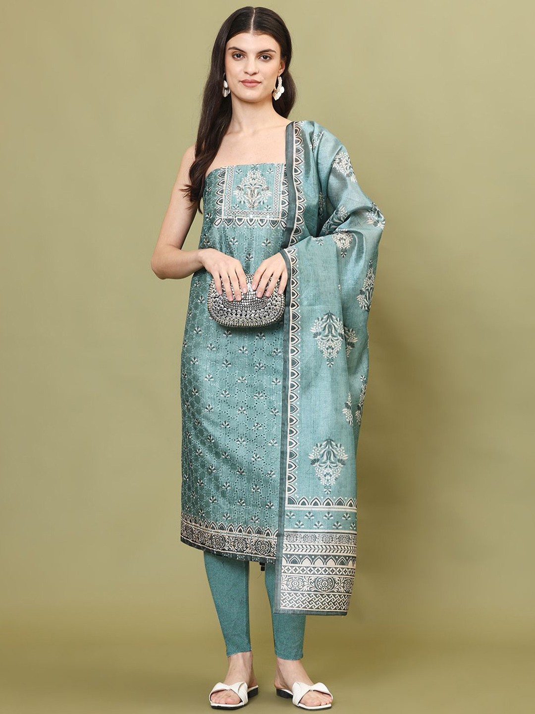 

Meena Bazaar Floral Printed Tussar Unstitched Dress Material, Sea green
