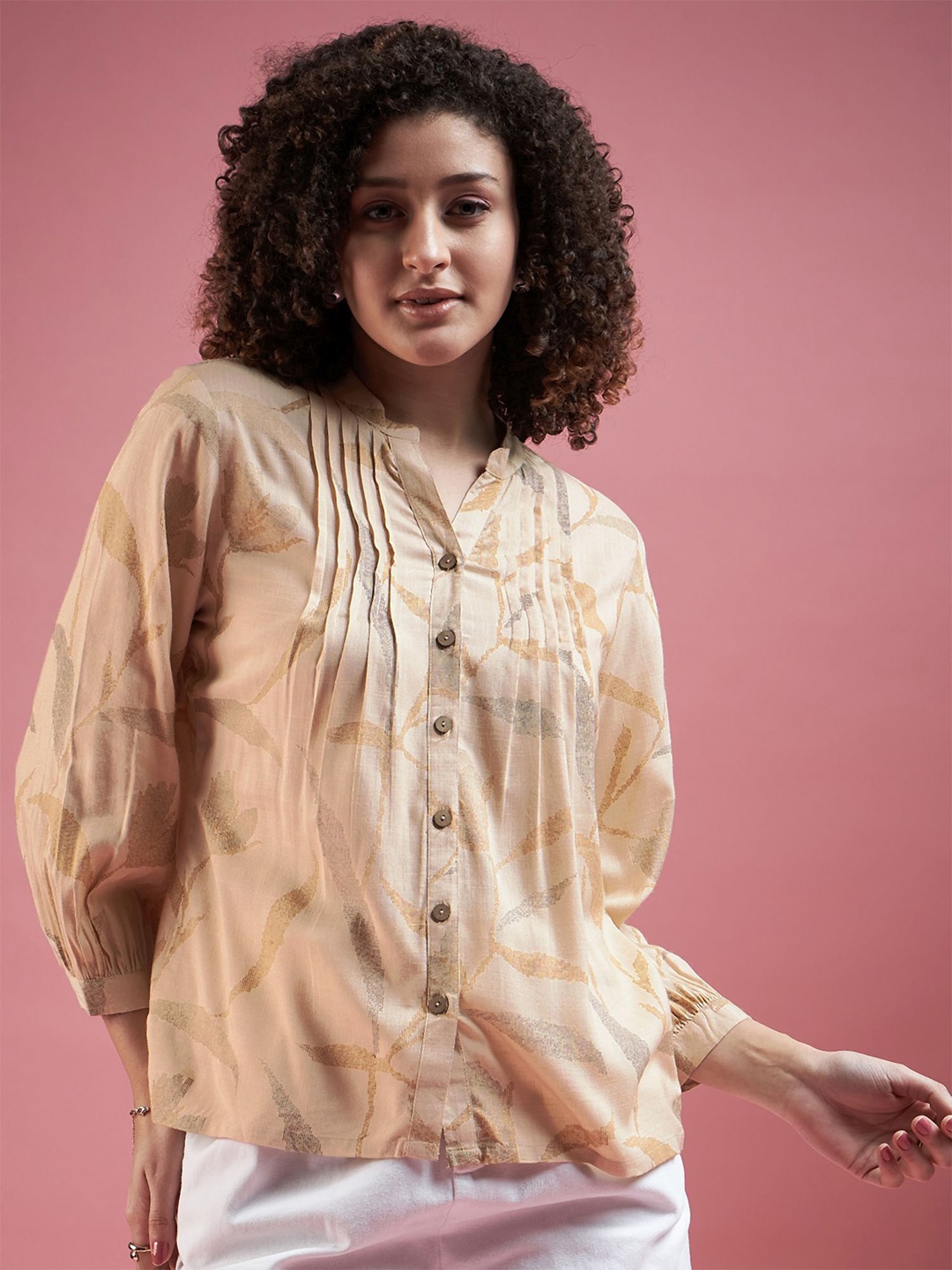 

DressBerry Women Printed Mandarin Collar Top, Cream