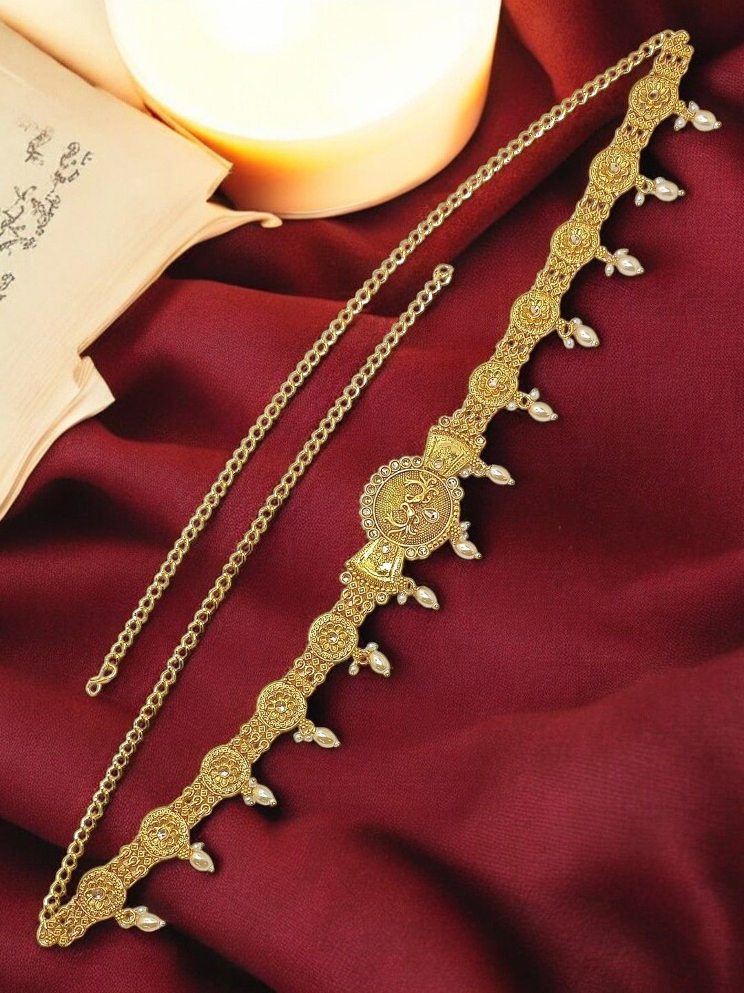 

FEMMIBELLA Artificial Stones Studded Waist Chain Saree Accessories, Gold