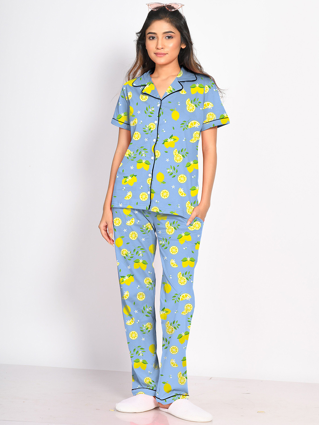 

NAP STORY Lemon Printed Shirt & Pyjama Nightsuit, Blue