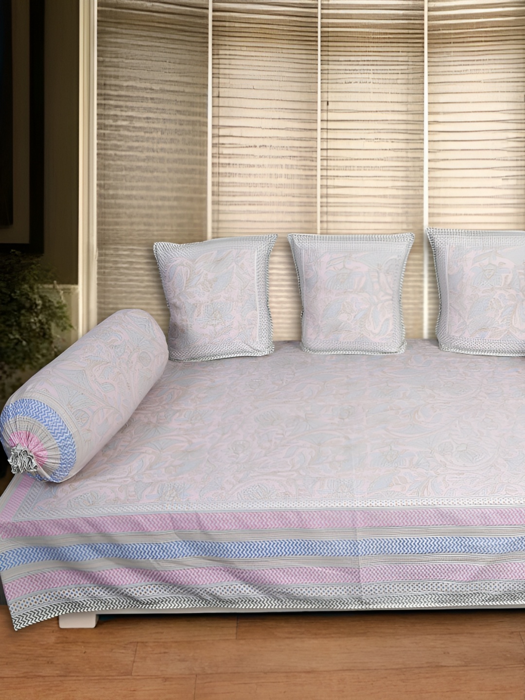 

INDHOME LIFE Set Of 6 Pink & Blue Floral-PrintedDiwanSet