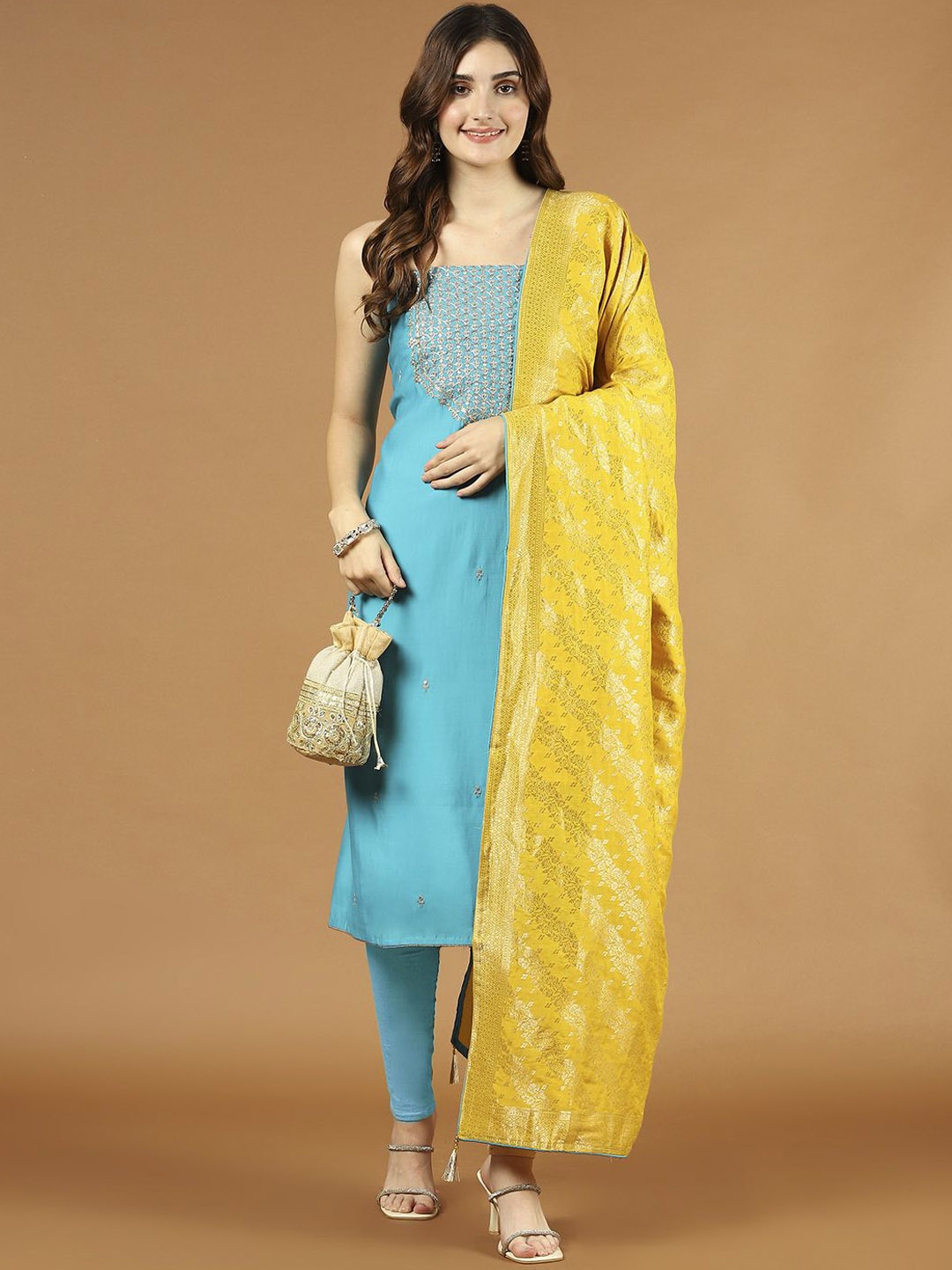 

Meena Bazaar Sequin Embroidered Art Silk Unstitched Dress Material, Blue