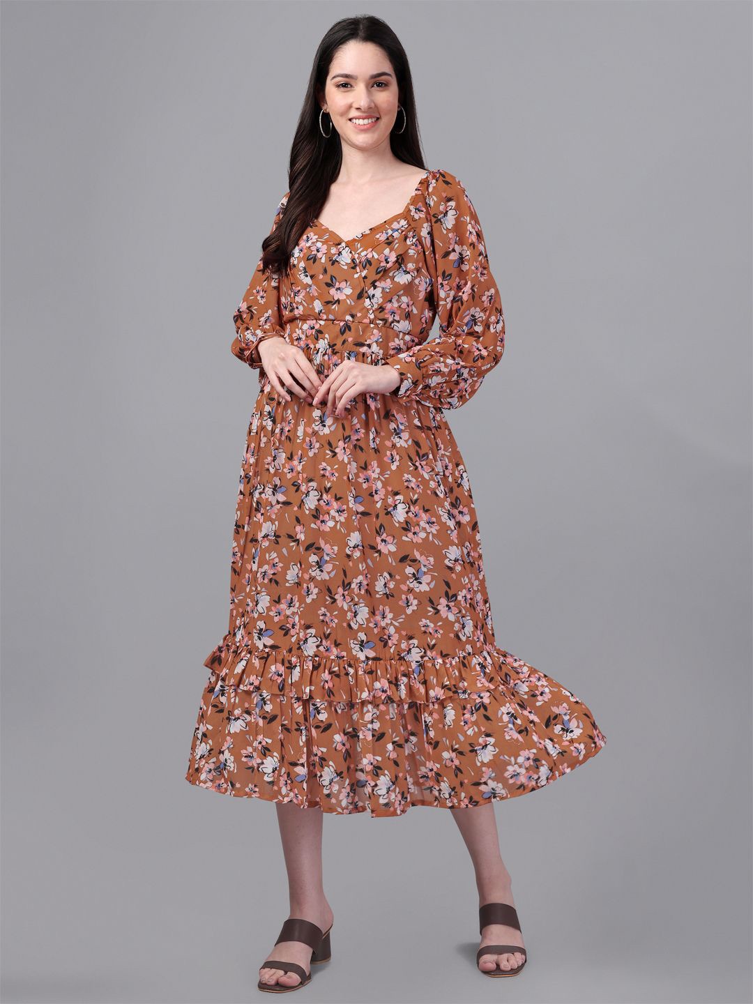 

VINAYAKA TEX PRINT Women Floral Printed Puff Sleeve Cotton Fit & Flare Dress, Brown