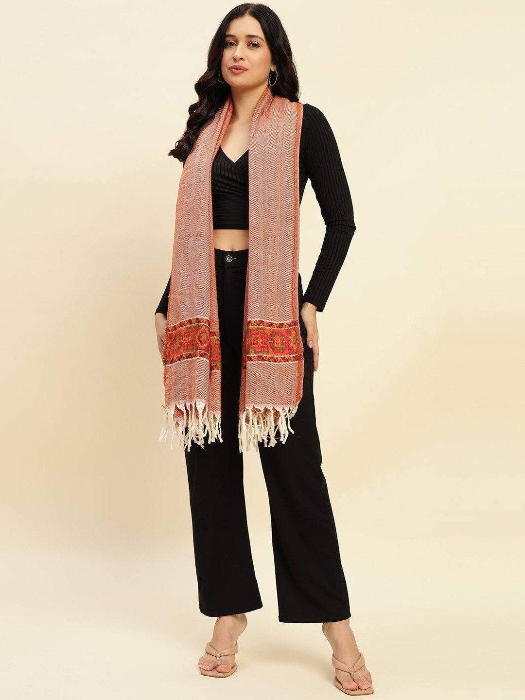 

WEAVERS VILLA Women Woven Design Shawl, Orange