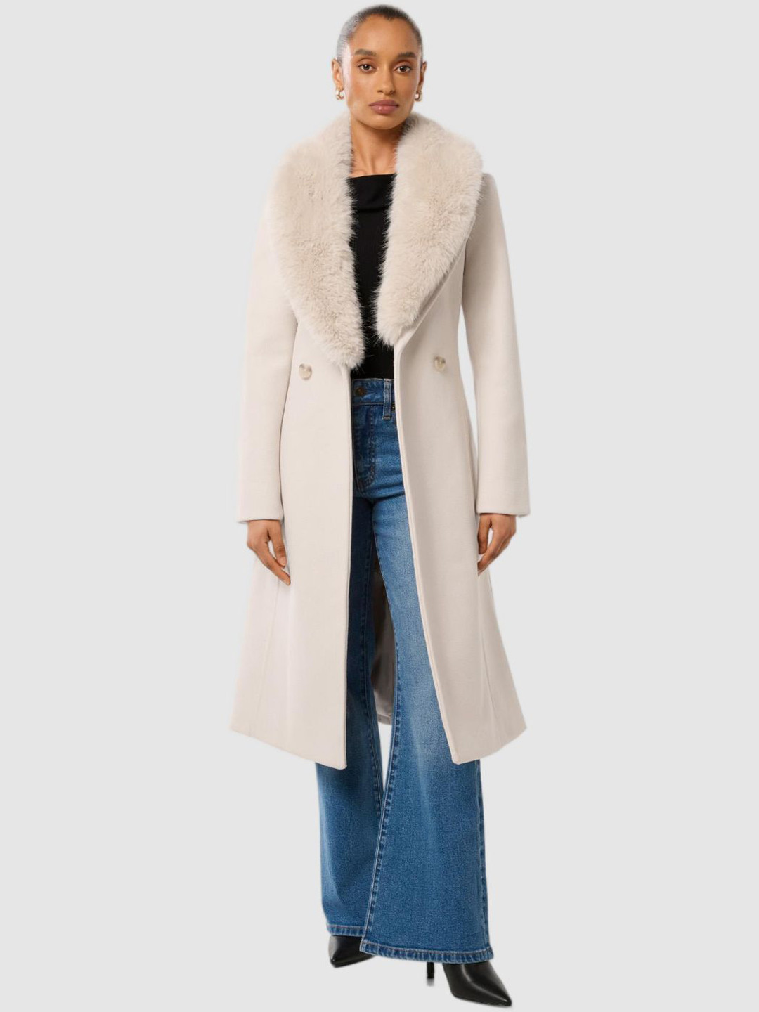 

Forever Petite Fur Collar Wrap Coat, Cream