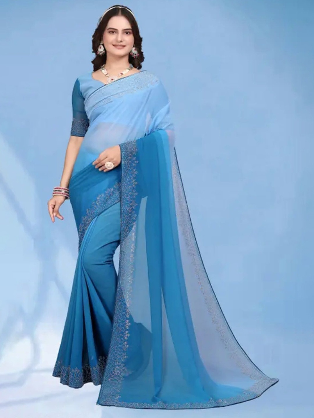 

Zeekha Beads and Stones Embellished Pure Georgette Ombre Saree, Blue