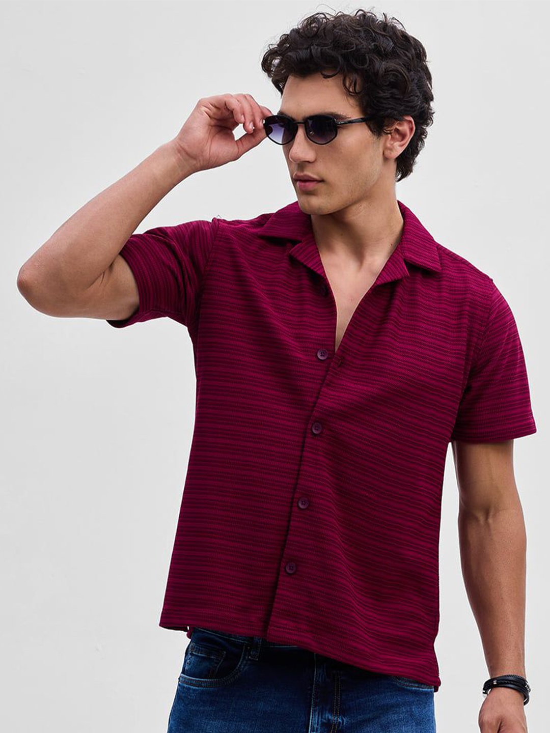 

Snitch Men Relaxed Cuban Collar Striped Casual Shirt, Red
