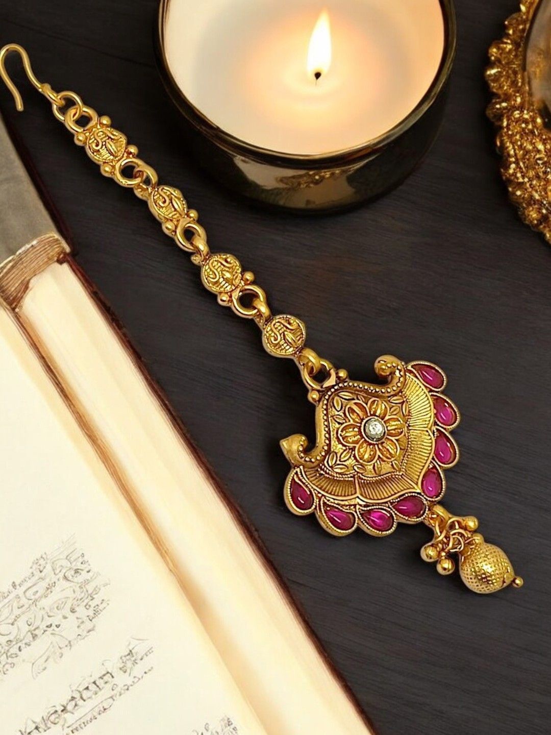 

FEMMIBELLA Gold-Plated Artificial Stones Studded Maang Tikka Head Jewellery