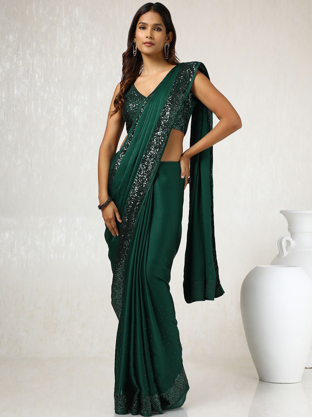 

Soch Beads and Stones Satin Saree, Green