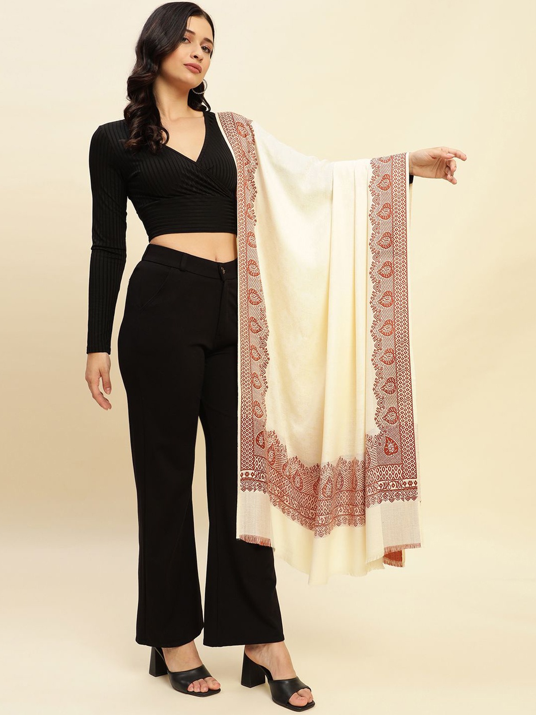 

WEAVERS VILLA Women Ethnic Motifs Woven Design Shawl, White