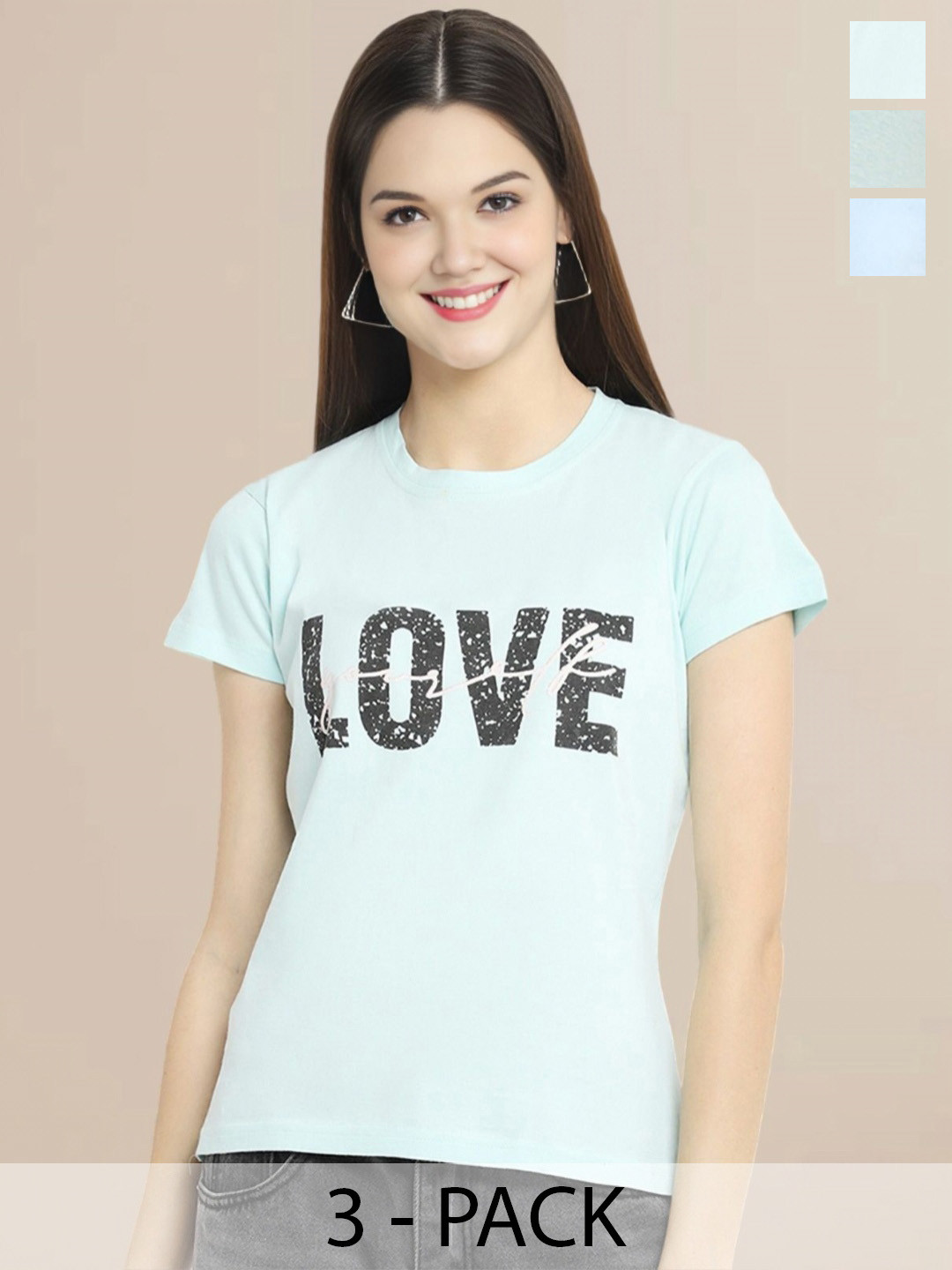 

Metronaut Women Pack Of 3 Typography Printed Round Neck Cotton T-shirts, Sea green