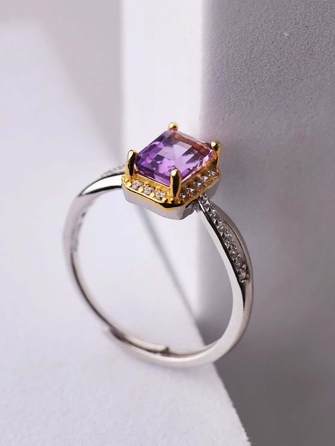 

Shubhanjali 925 Silver Amethyst Rectangle Gold Gemstone Ring