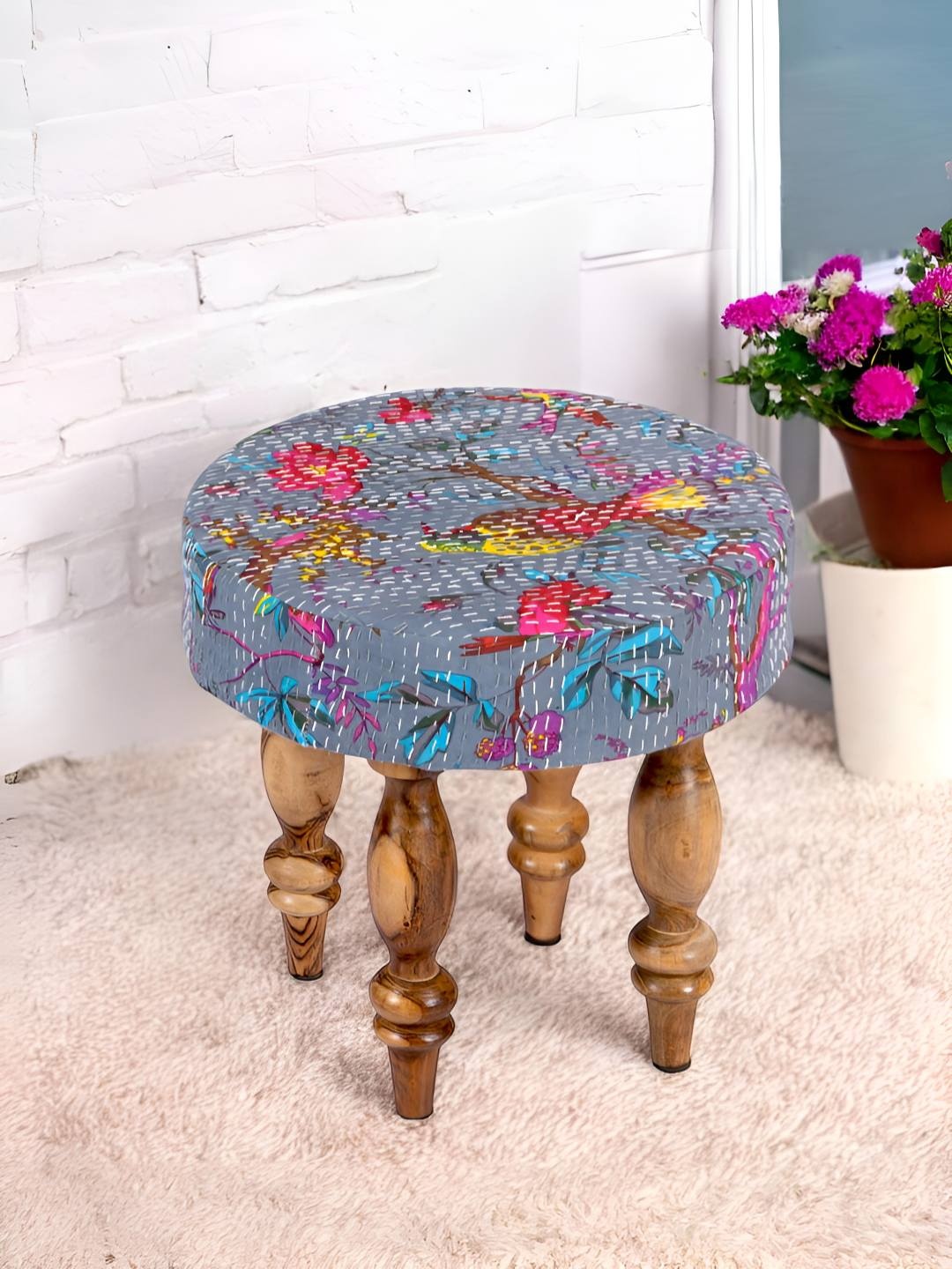 

Ikiriya Grey & Brown Round Wooden Stool with Printed Kantha Upholstery