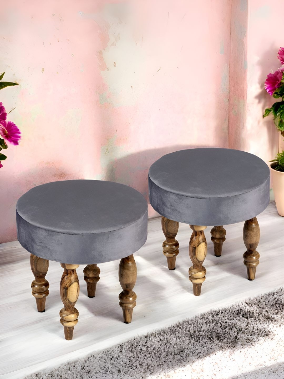 

Ikiriya 2-Pcs Grey Round Wooden Stools with Velvet Upholstery