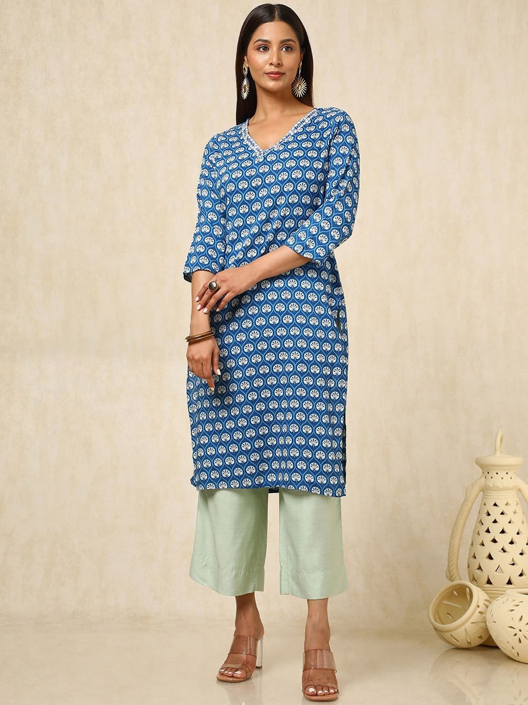

Soch Women Ethnic Motifs Printed Thread Work Kurta, Blue
