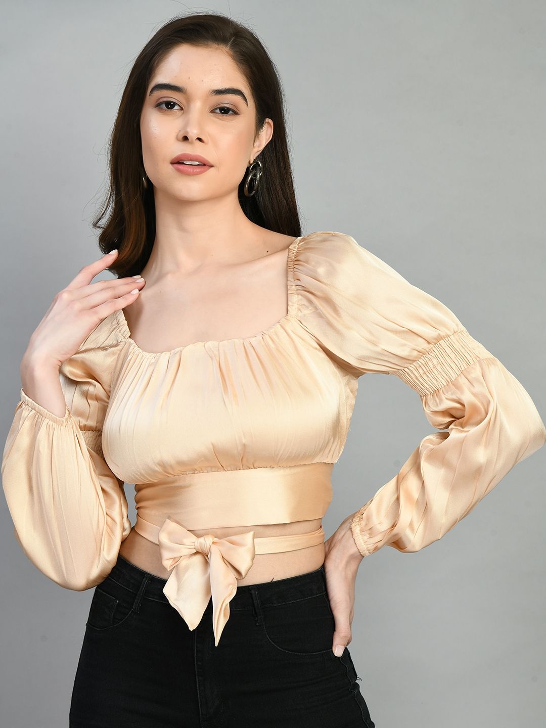 

all about you Women Puff Sleeve Fitted Crop Top, Beige