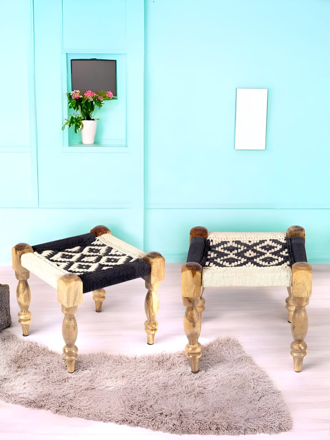 Ikiriya White & Black Wooden Square Stool with Rope Canning