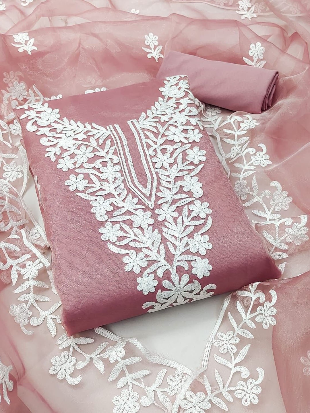 

ZEEPKART Organza Unstitched Dress Material, Pink