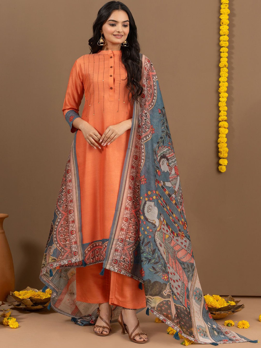 

Ekana Women Regular Beads and Stones Kurta with Trousers & With Dupatta, Orange