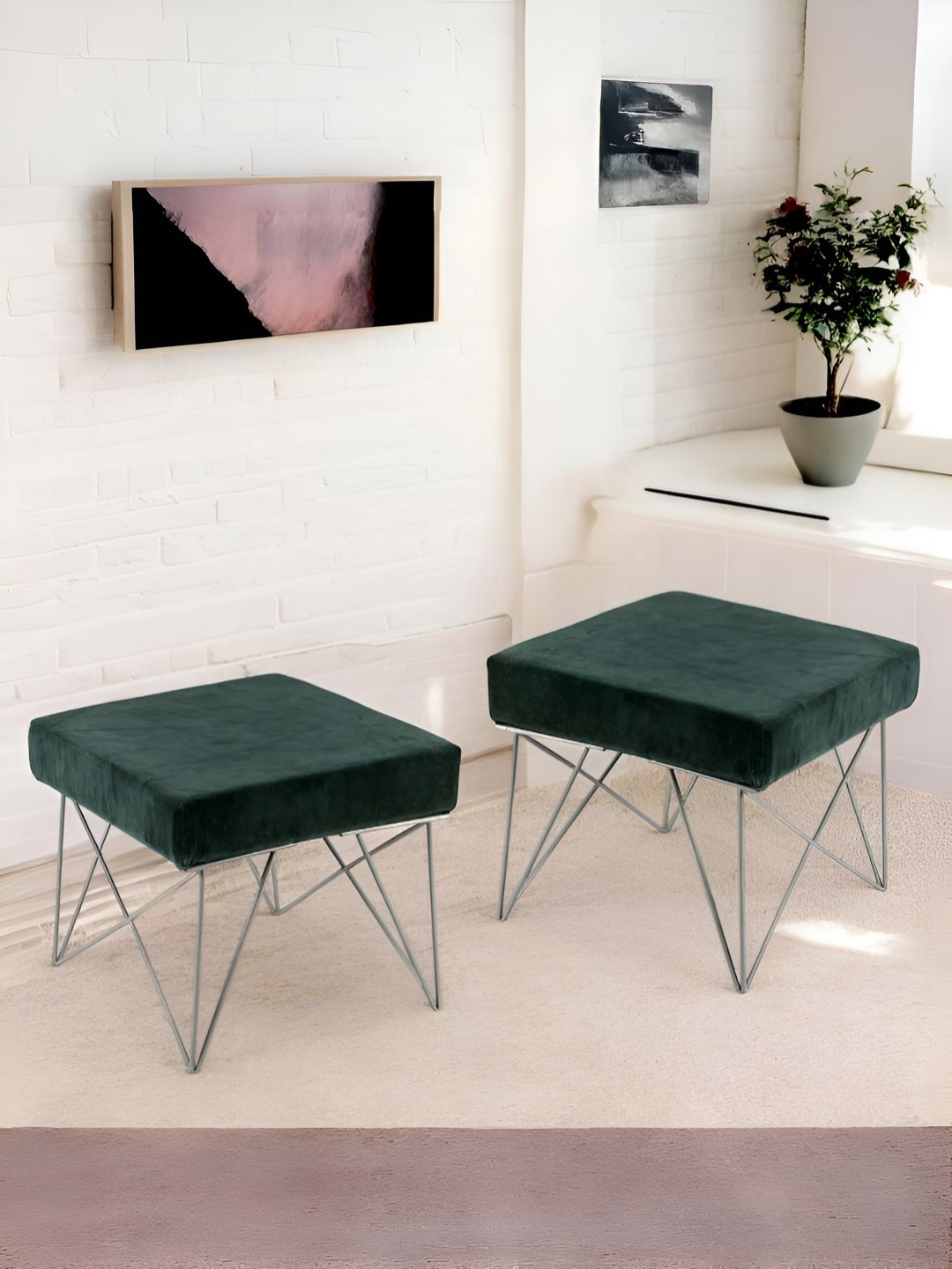 

Ikiriya Set Of 2 Sheesham Wood Accent Stools With Metal Legs, Green