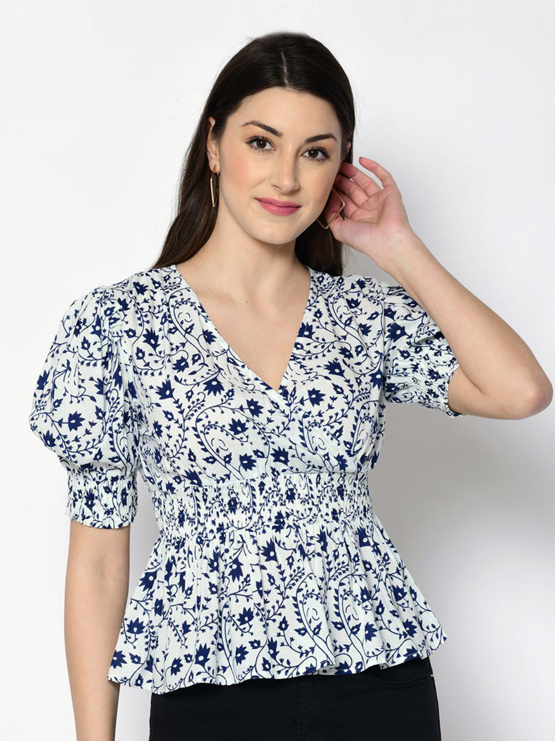 

all about you Women Floral Printed Puff Sleeve Wrap Top, White