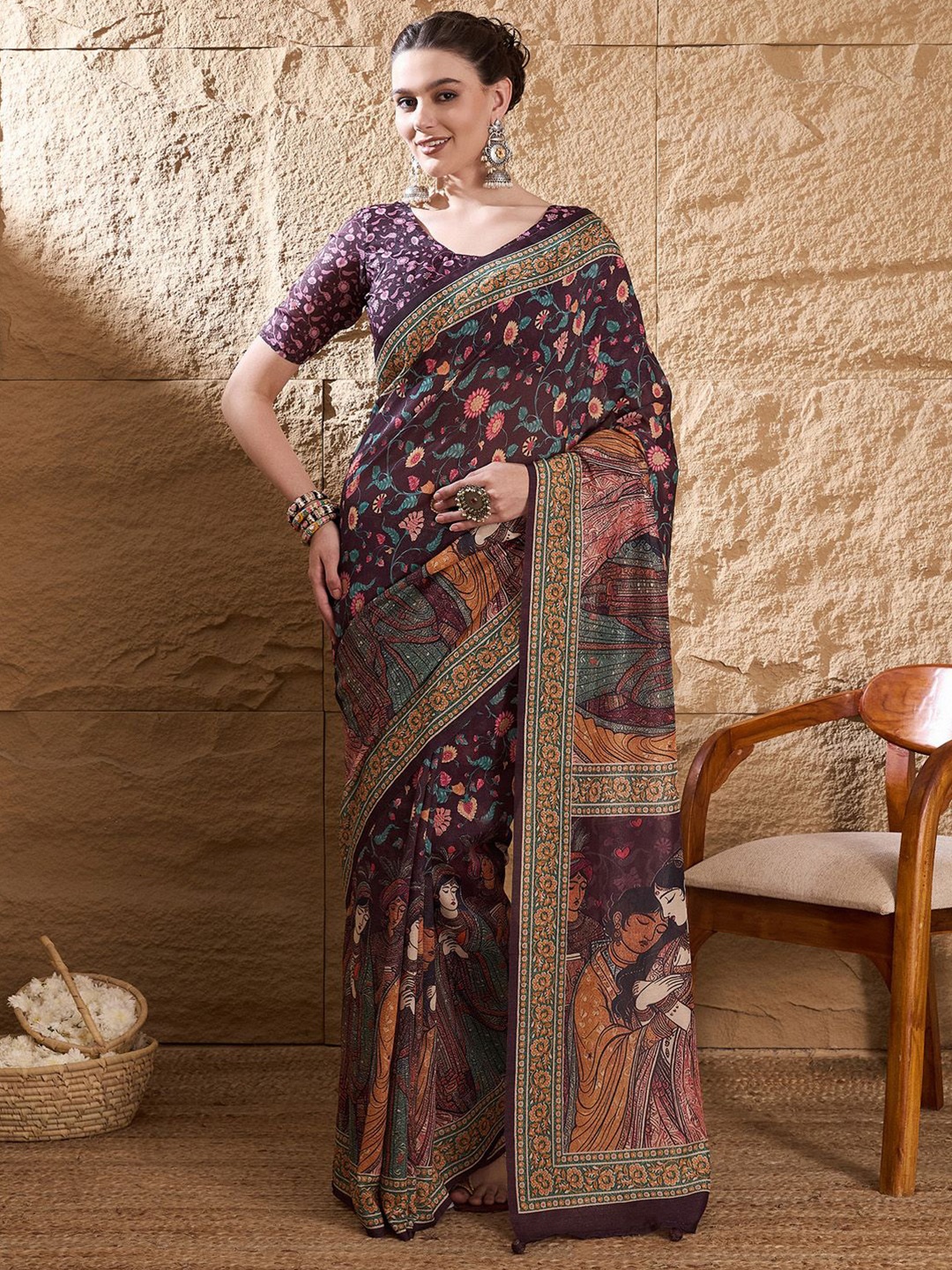 

Saree mall Kalamkari Tussar Sarees, Burgundy