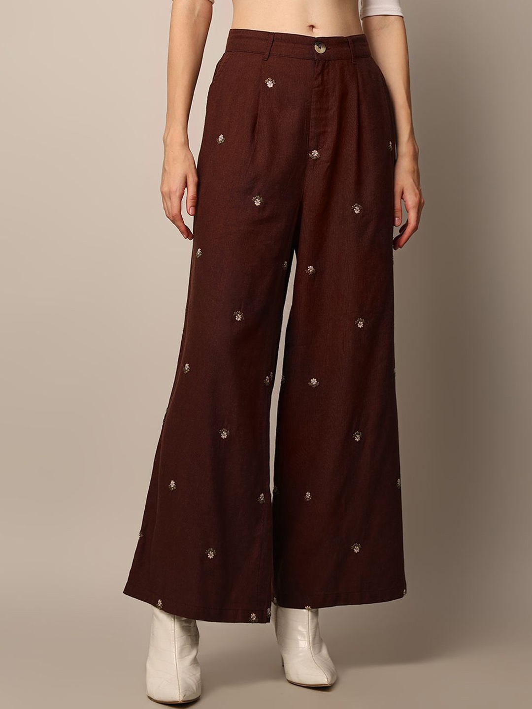 

ONLY Women Ethnic Motifs Embroidered Flared High-Rise Pleated Trousers, Brown