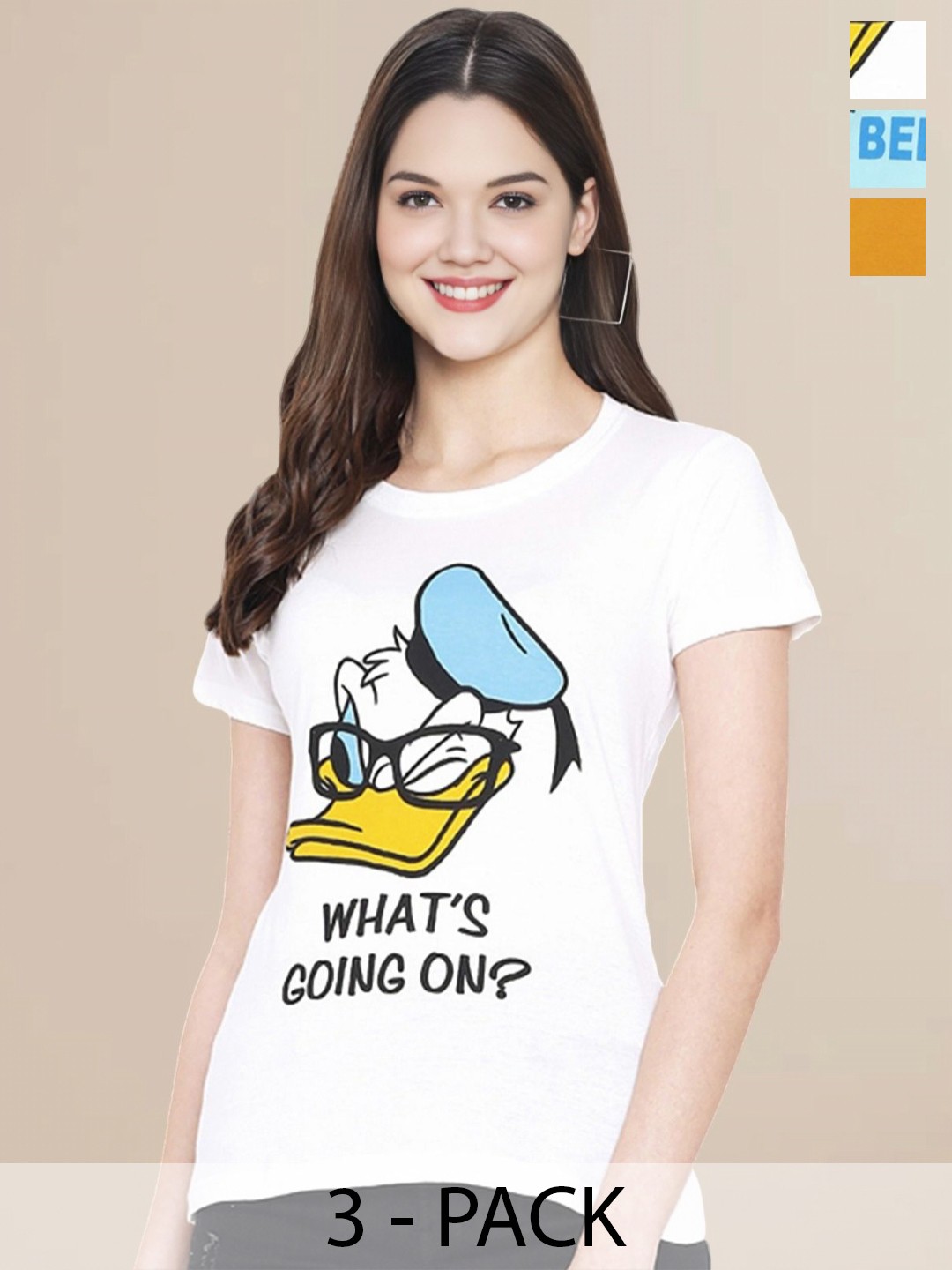 

Metronaut Women Pack Of 3 Typography Printed Round Neck Cotton Donald Duck T-shirts, White