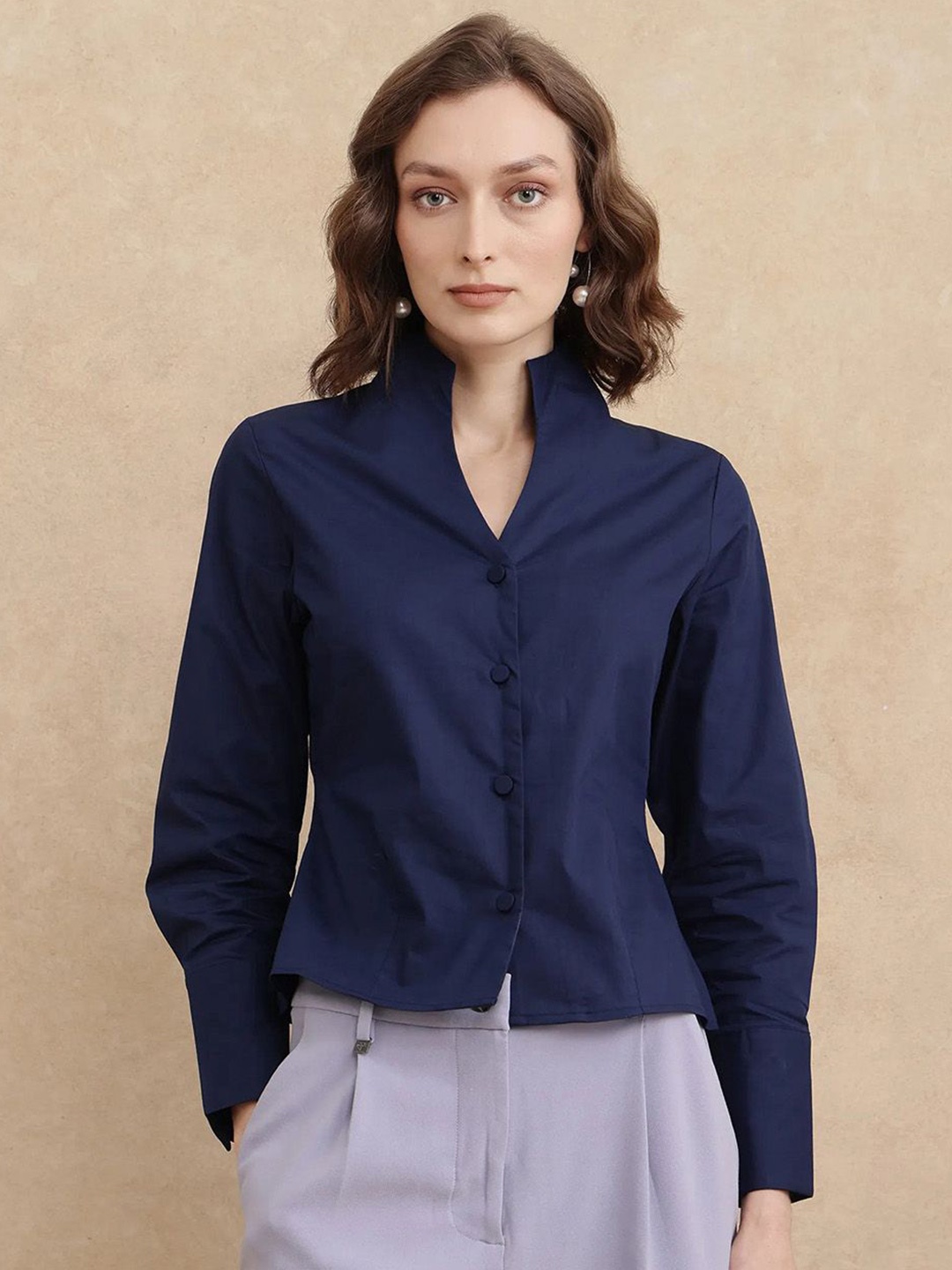 

RAREISM Women Cotton Shirt Style Crop Top, Navy blue