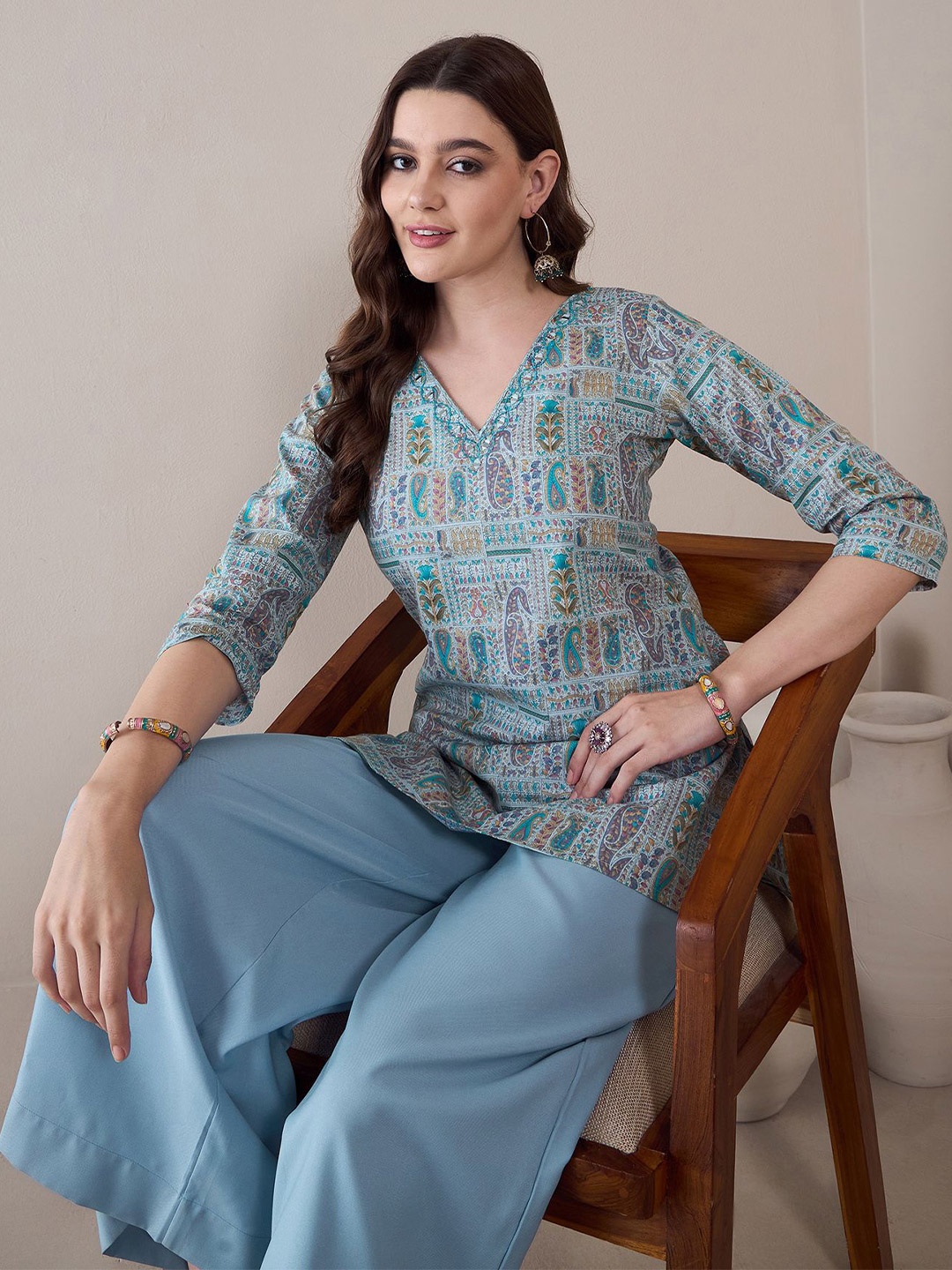 

Anouk Rustic Ethnic Motifs Printed V-Neck Pure Cotton Pleated Kurti, Blue
