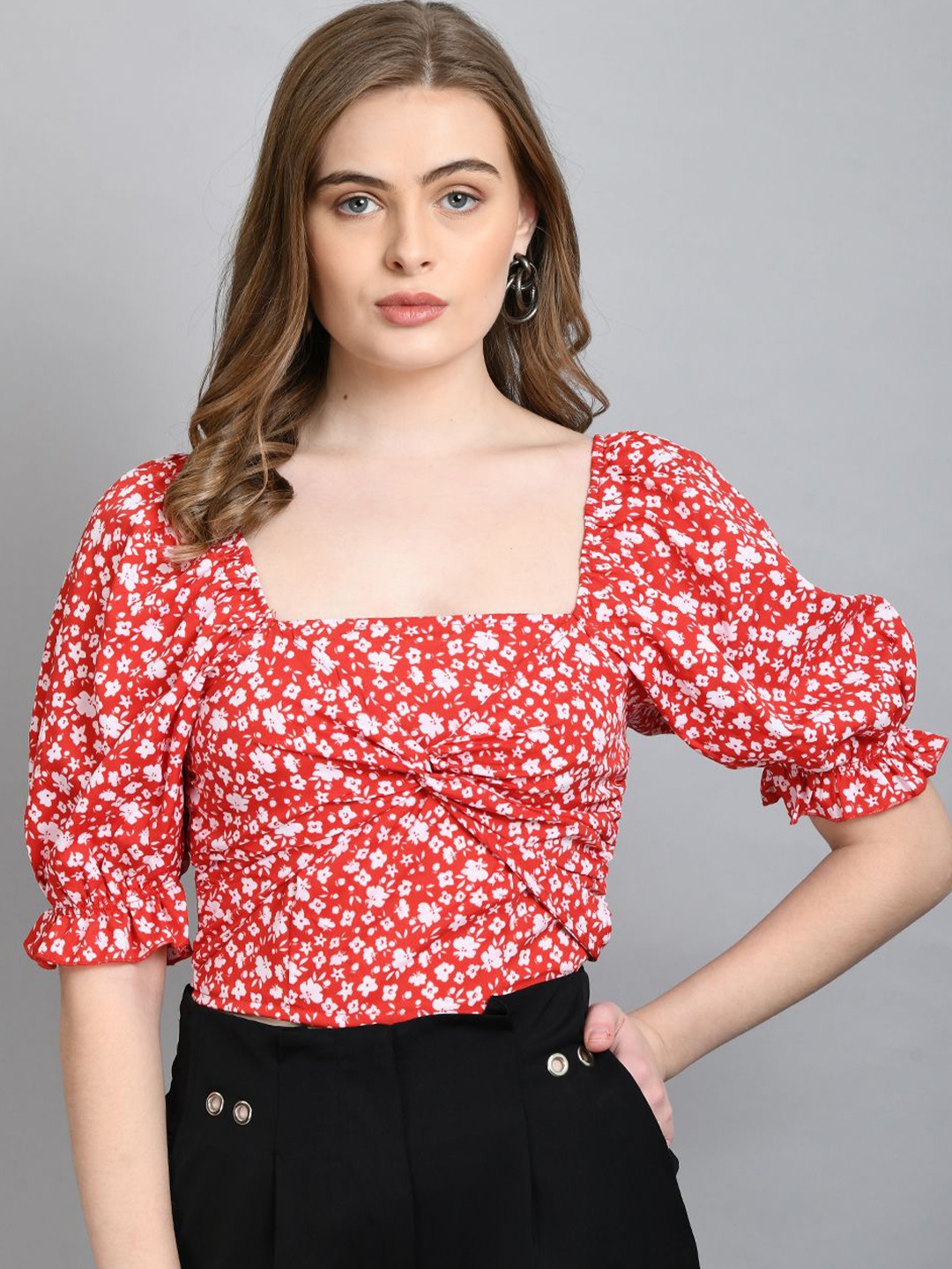 

all about you Floral Printed Puff Sleeve Peplum Crop Top, Red