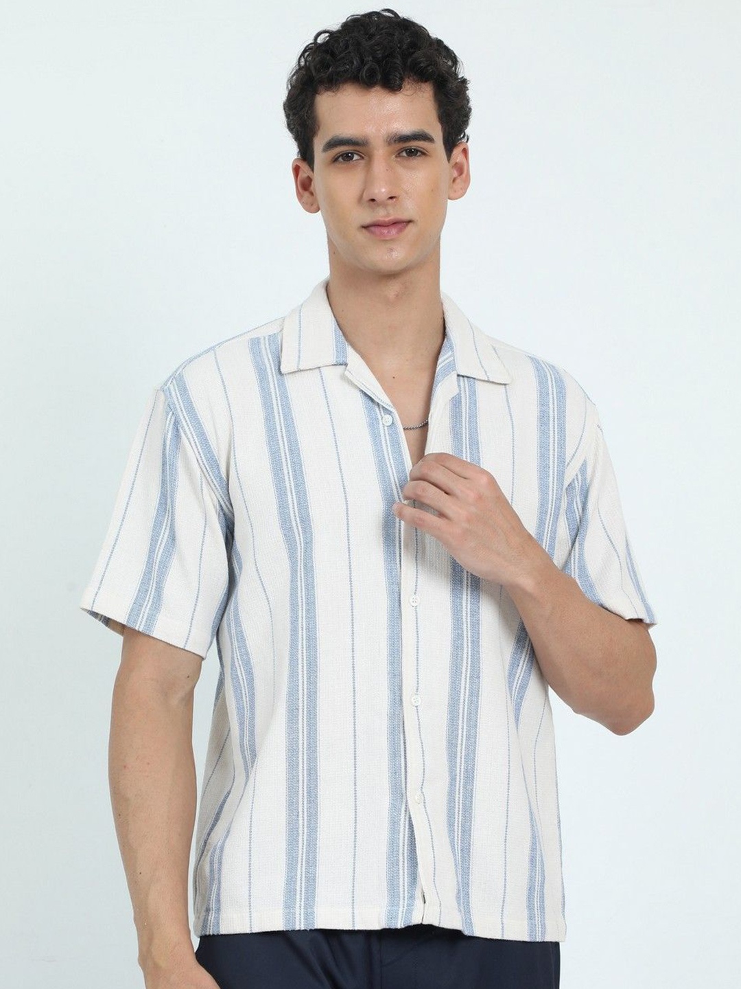 

NEVER NEUD Men Relaxed Striped Jacquard Oversized Casual Shirt, Blue