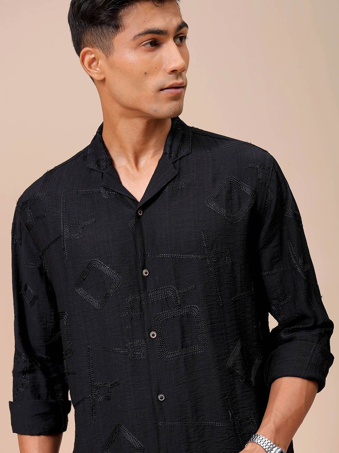 

The Indian Garage Co Men Relaxed Fit Embroidery Resortwear Shirt, Black