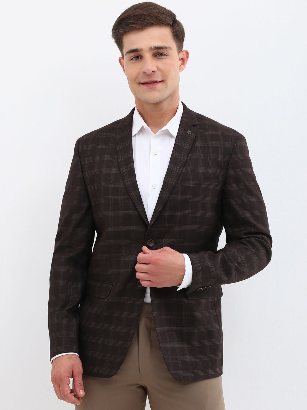 

Allen Solly Checked Slim-Fit Single-Breasted Formal Blazer, Brown