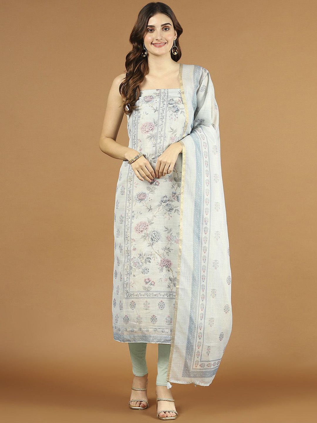 

Meena Bazaar Floral Printed Art Silk Unstitched Dress Material, Grey
