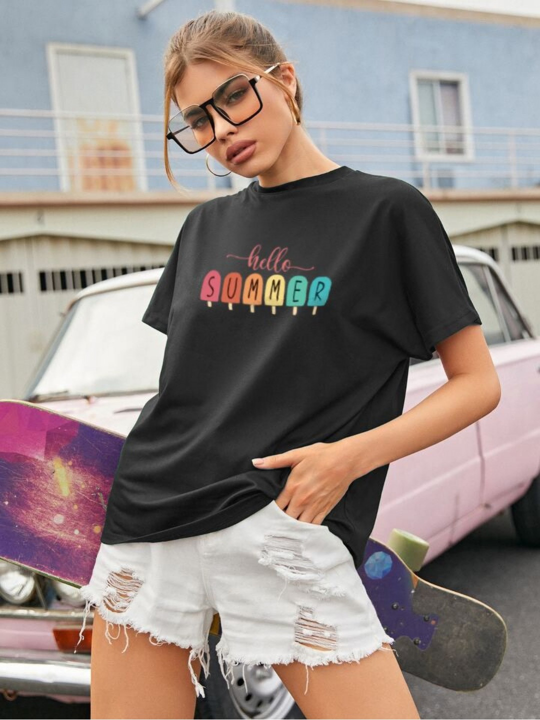

BOMBAE TEES Women Printed Bio Finish Applique T-shirt, Black