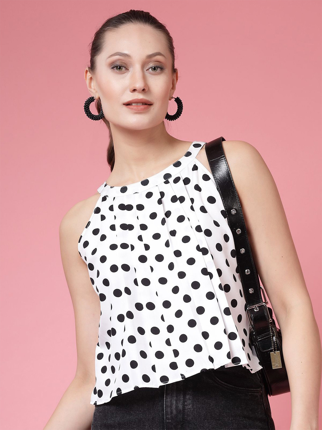 

BEING NAUGHTY Women Polka Dot Print Halter Neck Crop Top, White