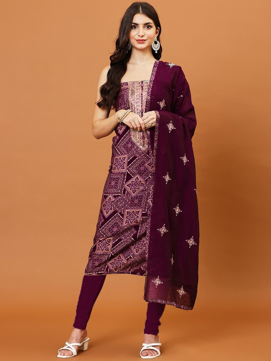 

Meena Bazaar Printed Unstitched Dress Material, Burgundy