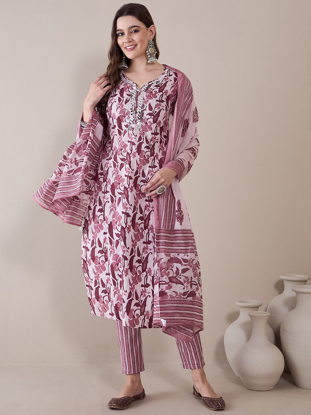 

Anouk Women Floral Printed Regular Thread Work Pure Cotton Kurta with Trousers & With Dupatta, White