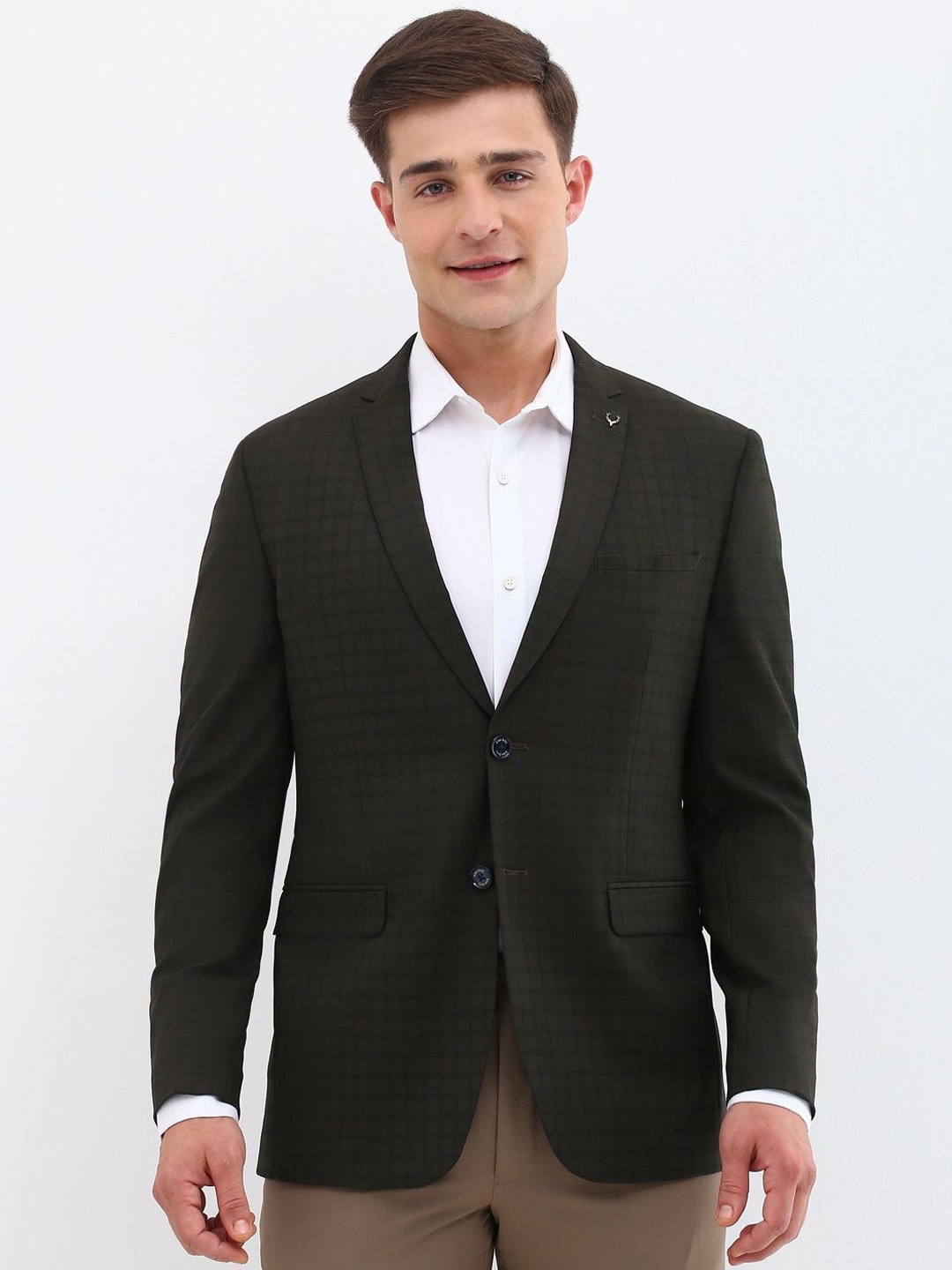 

Allen Solly Checked Slim-Fit Single-Breasted Formal Blazer, Olive